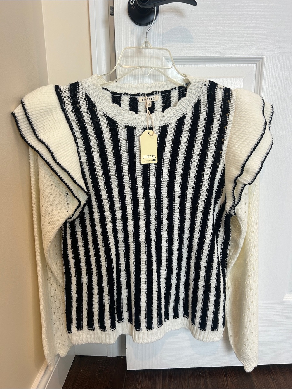JODIFL Black and White Vertical-Stripe Crewneck Sweater